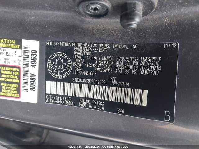 12657746 :رقم المزاد ، 5TDXK3DC8DS312083 vin ، 2013 Toyota Sienna Sport مزاد بيع