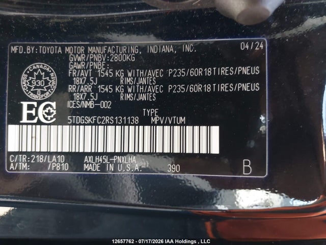 12657762 :رقم المزاد ، 5TDGSKFC2RS131138 vin ، 2024 Toyota Sienna Le/xse/limited/platinum مزاد بيع