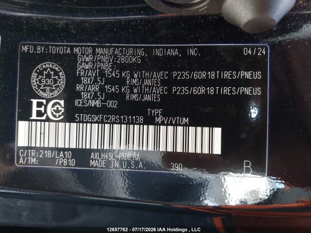 12657762 :رقم المزاد ، 5TDGSKFC2RS131138 vin ، 2024 Toyota Sienna Le/xse/limited/platinum مزاد بيع