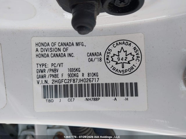 Honda CIVIC EX 2018 2HGFC2F87JH026717 Image 9