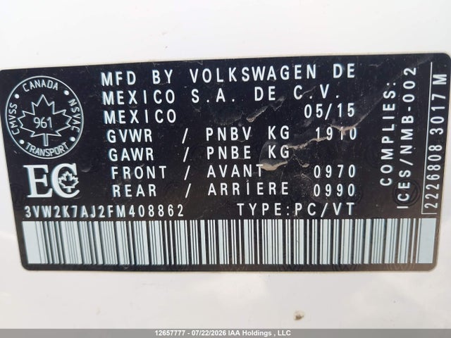 Продаж на аукціоні авто 2015 Volkswagen Jetta 2.0l Trendline/2.0l Trendline+, vin: 3VW2K7AJ2FM408862, номер лоту: 12657777