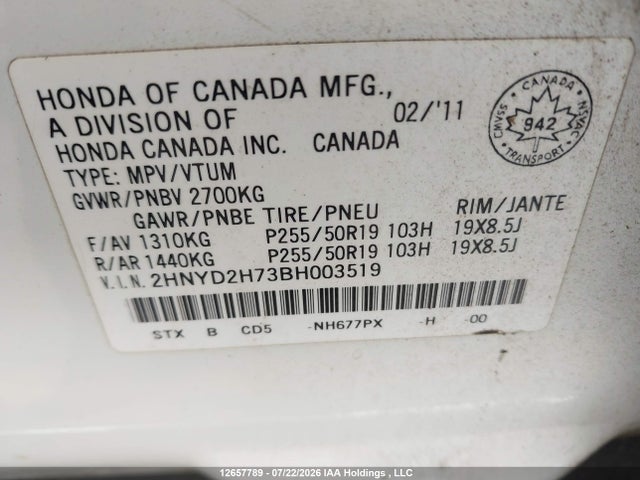 Продаж на аукціоні авто 2011 Acura Mdx Advance, vin: 2HNYD2H73BH003519, номер лоту: 12657789