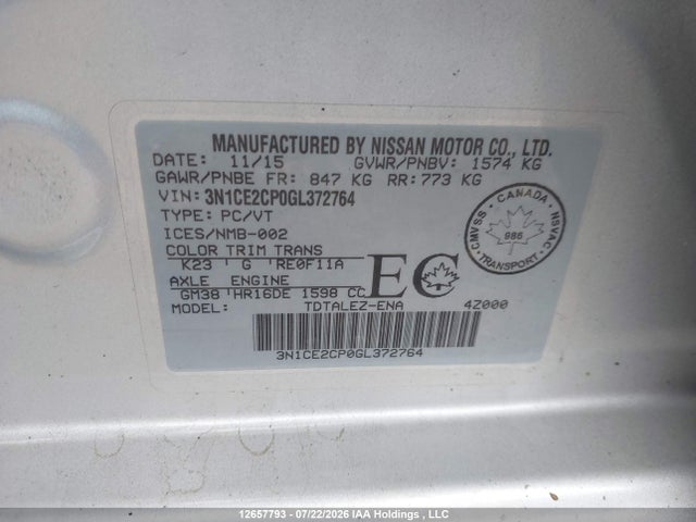 Aukcja sprzedaży 2016 Nissan Versa Note 1.6 S/1.6 Sl/1.6 Sr/1.6 Sv, vin: 3N1CE2CP0GL372764, numer aukcji: 12657793