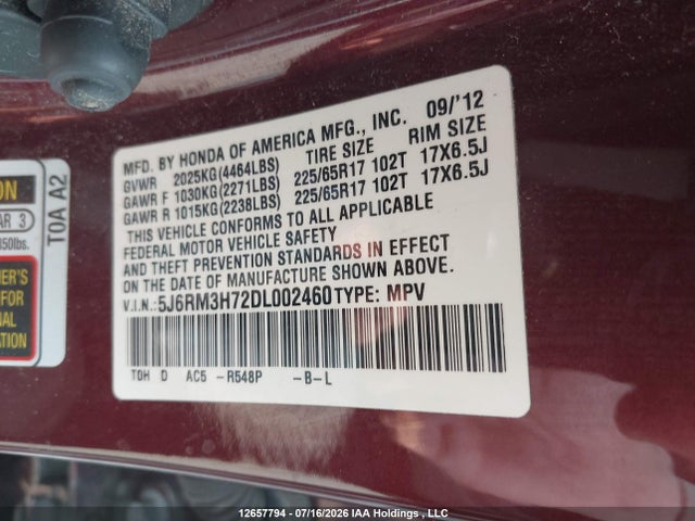 Продаж на аукціоні авто 2013 Honda Cr-v, vin: 5J6RM3H72DL002460, номер лоту: 12657794