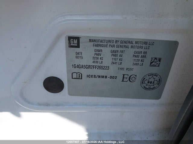 12657807 :رقم المزاد ، 1G4GA5GR7FF265223 vin ، 2015 Buick Lacrosse مزاد بيع