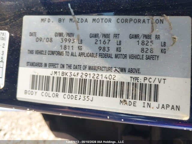 2009 Mazda Mazda3 Gx მანქანა იყიდება აუქციონზე, vin: JM1BK34F291221402, აუქციონის ნომერი: 12657813