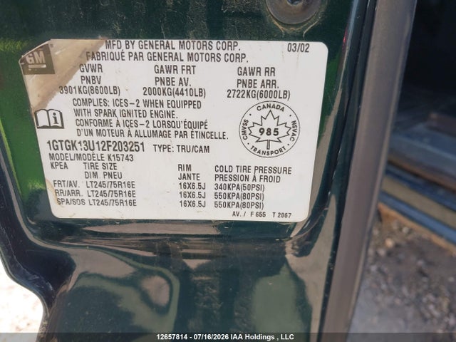 2002 Gmc Sierra 1500hd Sle/slt მანქანა იყიდება აუქციონზე, vin: 1GTGK13U12F203251, აუქციონის ნომერი: 12657814