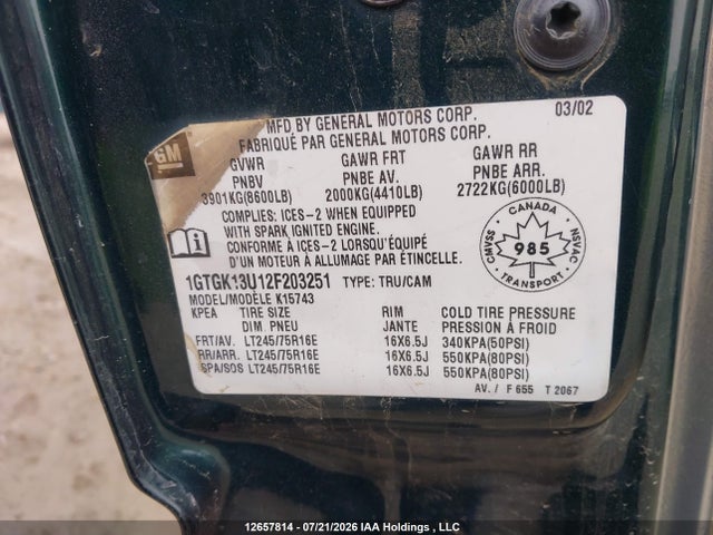 2002 Gmc Sierra 1500hd Sle/slt მანქანა იყიდება აუქციონზე, vin: 1GTGK13U12F203251, აუქციონის ნომერი: 12657814