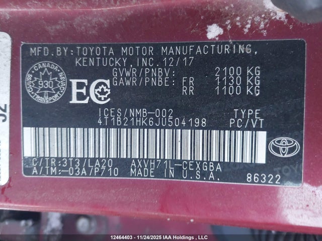 2018 Toyota Camry Hybrid Xle მანქანა იყიდება აუქციონზე, vin: 4T1B21HK6JU504198, აუქციონის ნომერი: 12464403