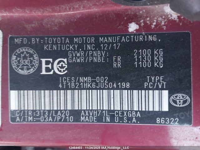 2018 Toyota Camry Hybrid Xle მანქანა იყიდება აუქციონზე, vin: 4T1B21HK6JU504198, აუქციონის ნომერი: 12464403