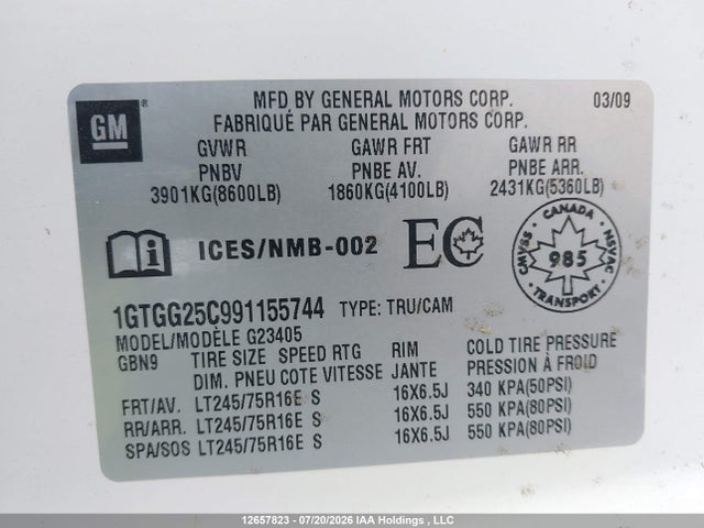 Aukcja sprzedaży 2009 Gmc Savana G2500, vin: 1GTGG25C991155744, numer aukcji: 12657823