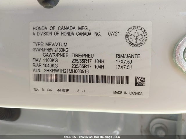 12657827 :رقم المزاد ، 2HKRW1H21MH003516 vin ، 2021 Honda Cr-v Lx مزاد بيع