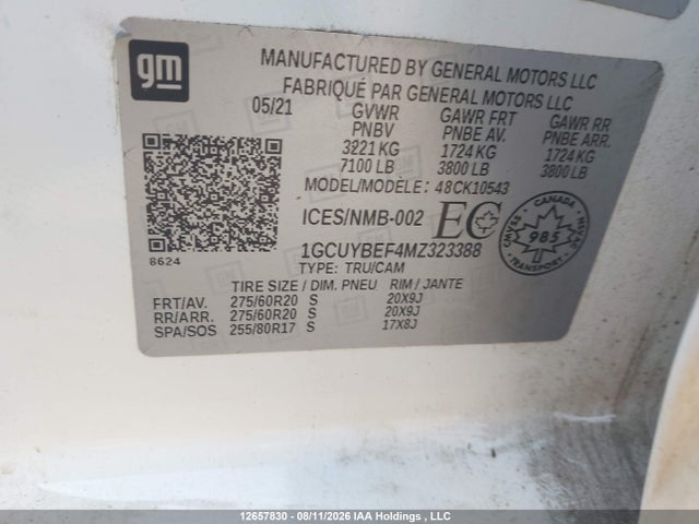 2021 Chevrolet Silverado 1500 Custom მანქანა იყიდება აუქციონზე, vin: 1GCUYBEF4MZ323388, აუქციონის ნომერი: 12657830
