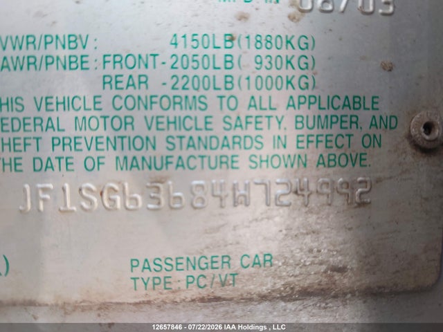 12657846 :رقم المزاد ، JF1SG63684H724992 vin ، 2004 Subaru Forester X مزاد بيع