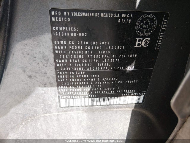 Aukcja sprzedaży 2018 Volkswagen Tiguan Comfortline, vin: 3VV2B7AX0JM107878, numer aukcji: 12657853