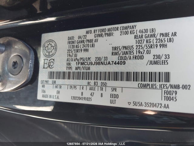 12657854 :رقم المزاد ، 1FMCU9J98NUA74409 vin ، 2022 Ford Escape Titanium مزاد بيع