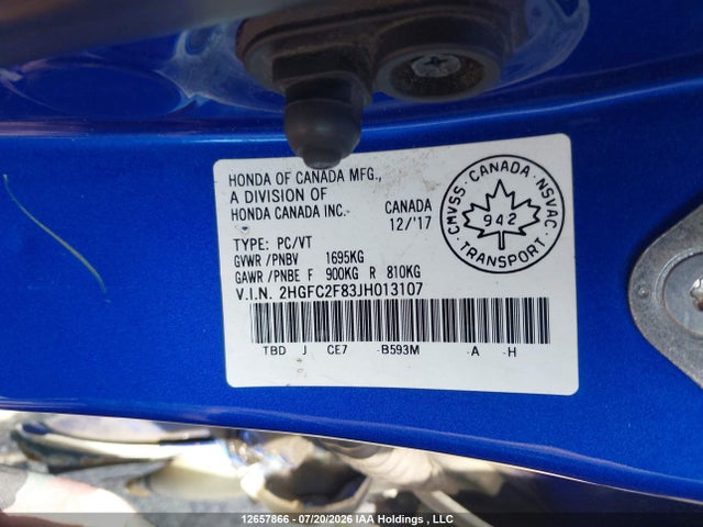Продаж на аукціоні авто 2018 Honda Civic Ex, vin: 2HGFC2F83JH013107, номер лоту: 12657866