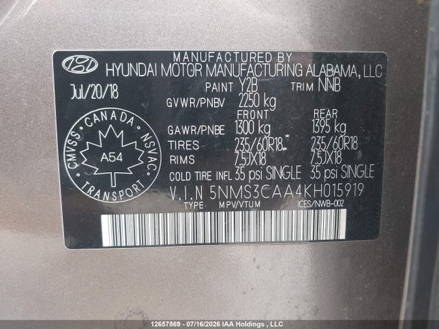 5NMS3CAA4KH015919 Hyundai Santa Fe