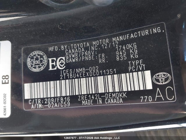 12657877 :رقم المزاد ، 2T1BU4EEXDC011351 vin ، 2013 Toyota Corolla S/le مزاد بيع