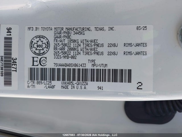 12657883 :رقم المزاد ، 7SVAAABA8SX061433 vin ، 2025 Toyota Sequoia Platinum مزاد بيع