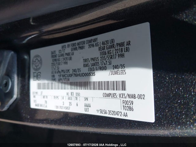 12657893 :رقم المزاد ، 1FMCU0F76HUD00535 vin ، 2017 Ford Escape S مزاد بيع