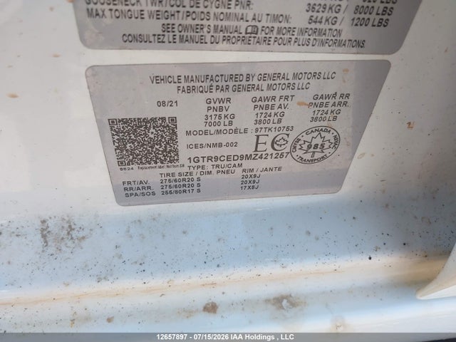 2021 Gmc Sierra 1500 Elevation მანქანა იყიდება აუქციონზე, vin: 1GTR9CED9MZ421257, აუქციონის ნომერი: 12657897