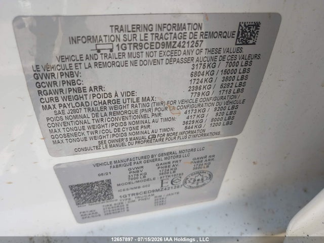 2021 Gmc Sierra 1500 Elevation მანქანა იყიდება აუქციონზე, vin: 1GTR9CED9MZ421257, აუქციონის ნომერი: 12657897