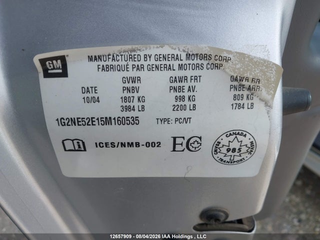 12657909 :رقم المزاد ، 1G2NE52E15M160535 vin ، 2005 Pontiac Grand Am Se مزاد بيع