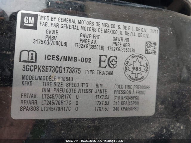 2012 Chevrolet Silverado K1500 Lt მანქანა იყიდება აუქციონზე, vin: 3GCPKSE73CG173375, აუქციონის ნომერი: 12657911