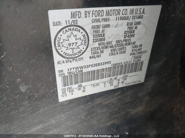 Aukcja sprzedaży 2003 Ford F-350 Lariat/xl/xlt, vin: 1FTWW33P53EB33993, numer aukcji: 12657912