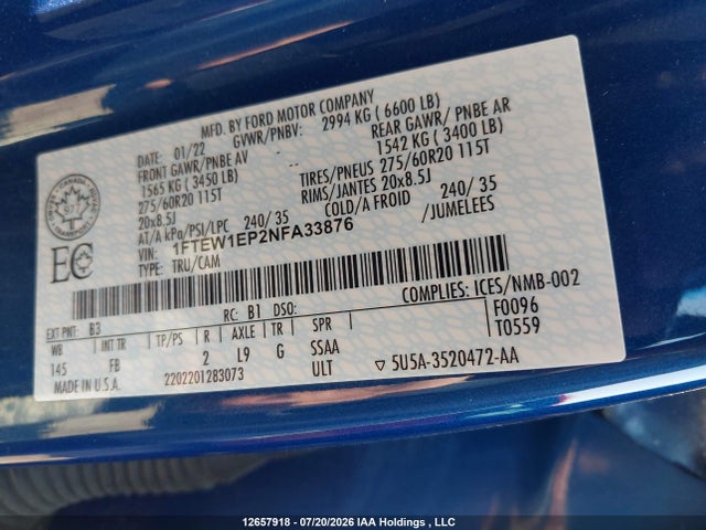Aukcja sprzedaży 2022 Ford F150 Supercrew, vin: 1FTEW1EP2NFA33876, numer aukcji: 12657918