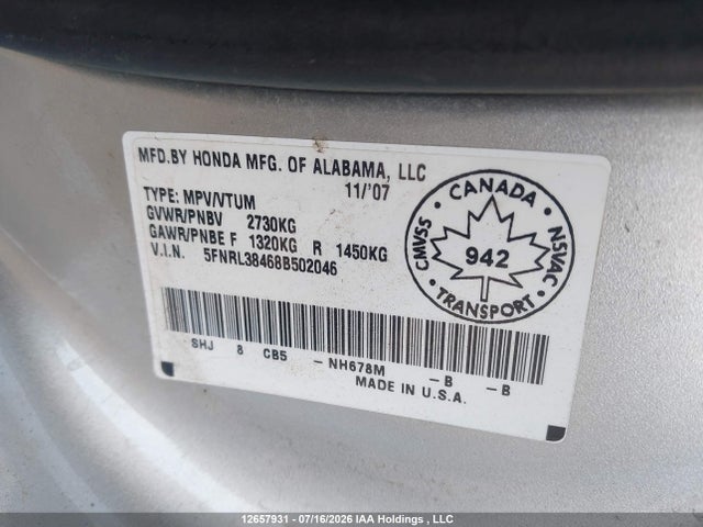 Продаж на аукціоні авто 2008 Honda Odyssey Ex, vin: 5FNRL38468B502046, номер лоту: 12657931