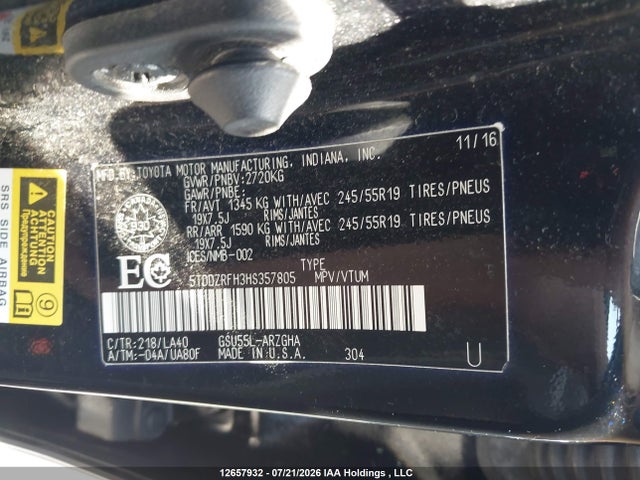 2017 Toyota Highlander Limited მანქანა იყიდება აუქციონზე, vin: 5TDDZRFH3HS357805, აუქციონის ნომერი: 12657932
