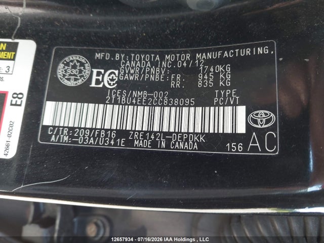 2012 Toyota Corolla Ce მანქანა იყიდება აუქციონზე, vin: 2T1BU4EE2CC838095, აუქციონის ნომერი: 12657934
