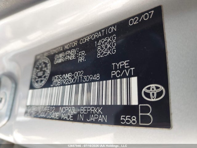 Aukcja sprzedaży 2007 Toyota Yaris, vin: JTDBT923X71130948, numer aukcji: 12657946