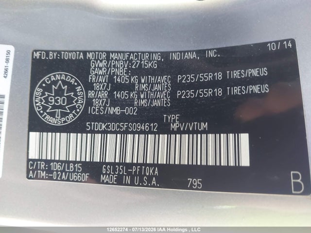12652274 :رقم المزاد ، 5TDDK3DC5FS094612 vin ، 2015 Toyota Sienna Xle 7 Passenger مزاد بيع