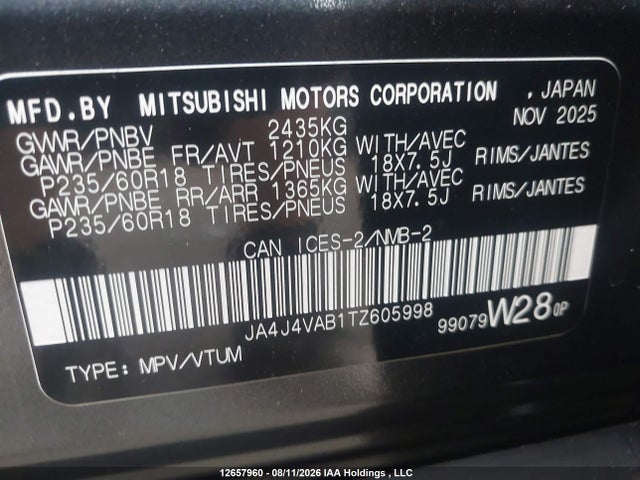 2026 Mitsubishi Outlander Le S-awc/se S-awc/sel S-awc მანქანა იყიდება აუქციონზე, vin: JA4J4VAB1TZ605998, აუქციონის ნომერი: 12657960