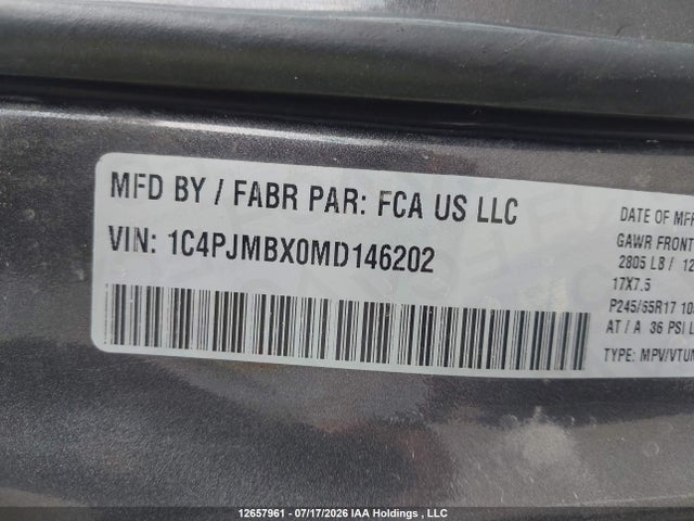 12657961 :رقم المزاد ، 1C4PJMBX0MD146202 vin ، 2021 Jeep Cherokee مزاد بيع