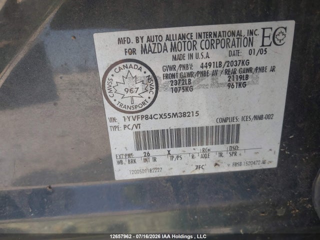 Aukcja sprzedaży 2005 Mazda 6 I, vin: 1YVFP84CX55M38215, numer aukcji: 12657962