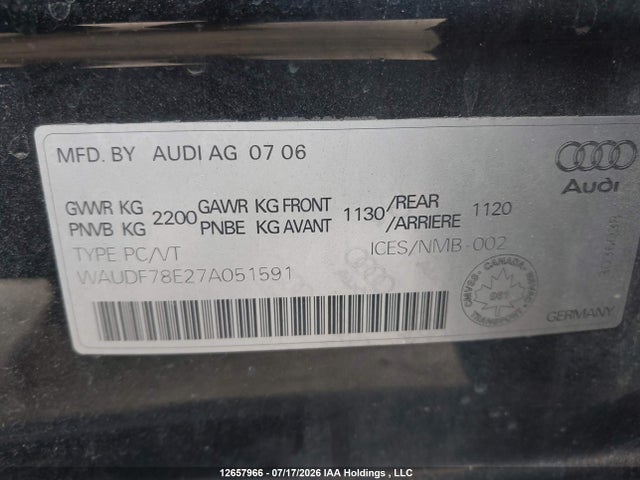 Aukcja sprzedaży 2007 Audi A4 2.0t, vin: WAUDF78E27A051591, numer aukcji: 12657966