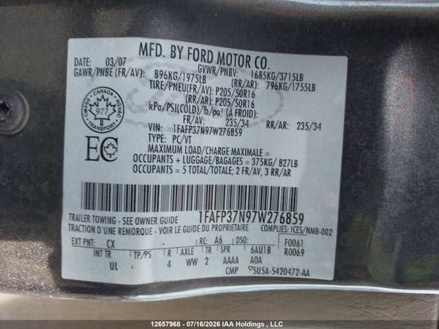 12657968 :رقم المزاد ، 1FAFP37N97W276859 vin ، 2007 Ford Focus Ses مزاد بيع