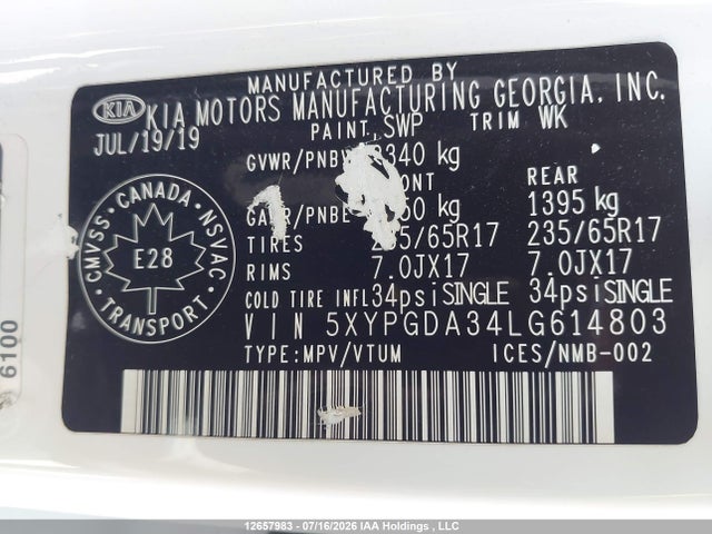Aukcja sprzedaży 2020 Kia Sorento L/lx, vin: 5XYPGDA34LG614803, numer aukcji: 12657983