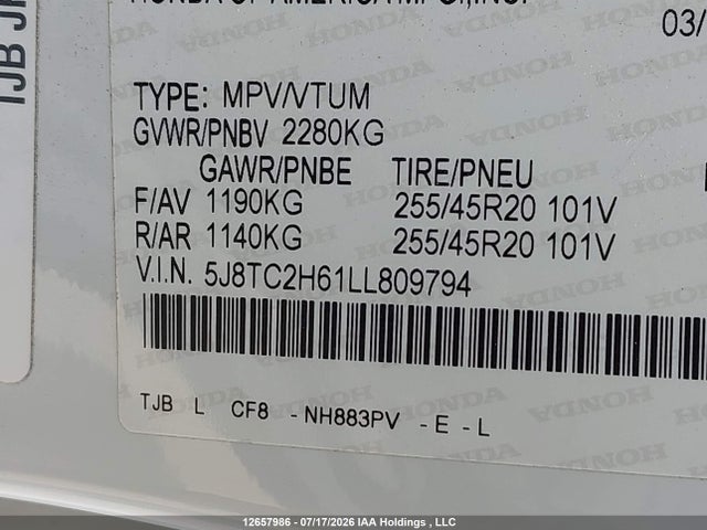 12657986 :رقم المزاد ، 5J8TC2H61LL809794 vin ، 2020 Acura Rdx مزاد بيع