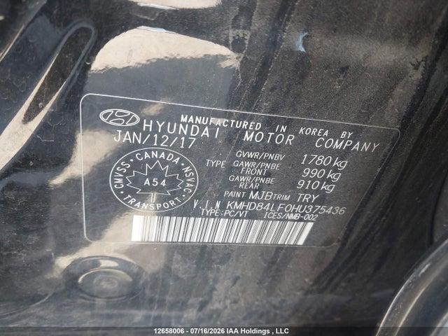 12658006 :رقم المزاد ، KMHD84LF0HU375436 vin ، 2017 Hyundai Elantra Se/value/limited مزاد بيع