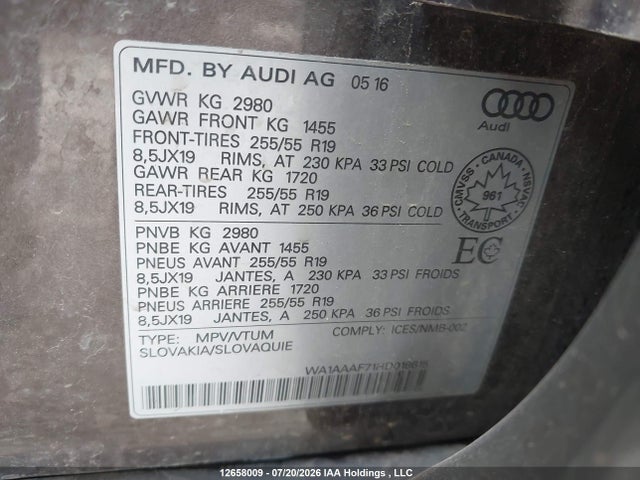 Продажа на аукционе авто 2017 Audi Q7 3.0t Komfort, vin: WA1AAAF71HD018615, номер лота: 12658009
