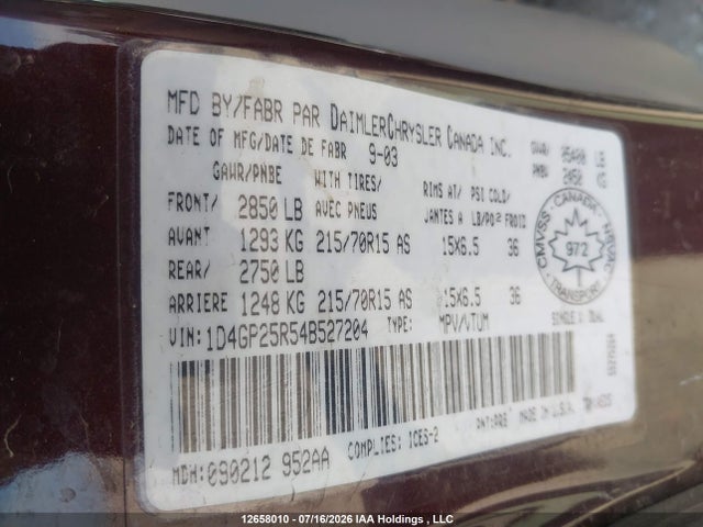 12658010 :رقم المزاد ، 1D4GP25R54B527204 vin ، 2004 Dodge Caravan مزاد بيع