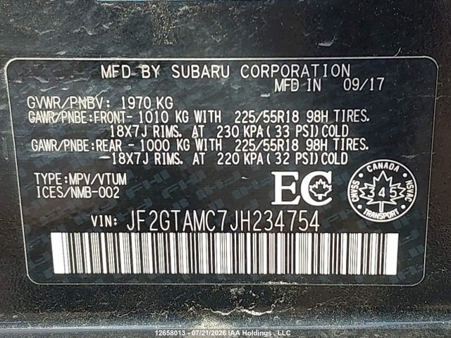 12658013 :رقم المزاد ، JF2GTAMC7JH234754 vin ، 2018 Subaru Crosstrek Limited مزاد بيع