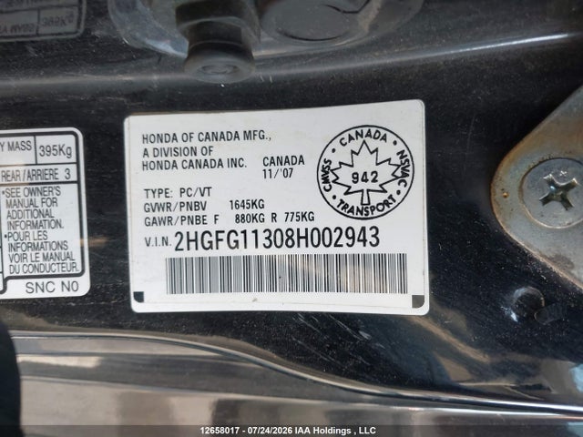12658017 :رقم المزاد ، 2HGFG11308H002943 vin ، 2008 Honda Civic Dx-g مزاد بيع