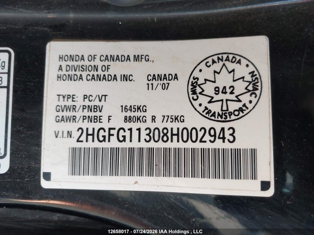 12658017 :رقم المزاد ، 2HGFG11308H002943 vin ، 2008 Honda Civic Dx-g مزاد بيع