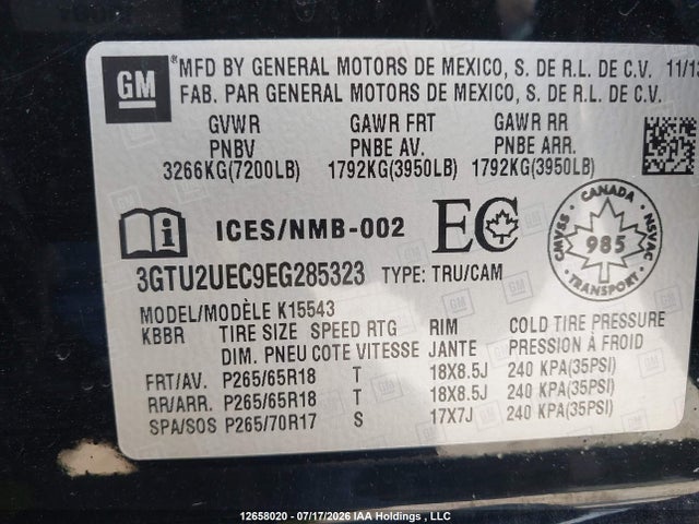 2014 Gmc Sierra K1500 Sle მანქანა იყიდება აუქციონზე, vin: 3GTU2UEC9EG285323, აუქციონის ნომერი: 12658020